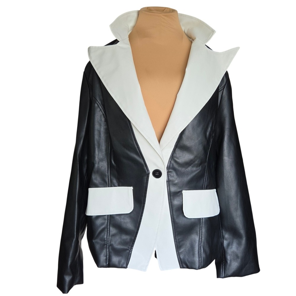 Black and White Faux Leather Colorblock Blazer Jacket XL E1Z91KCK8M